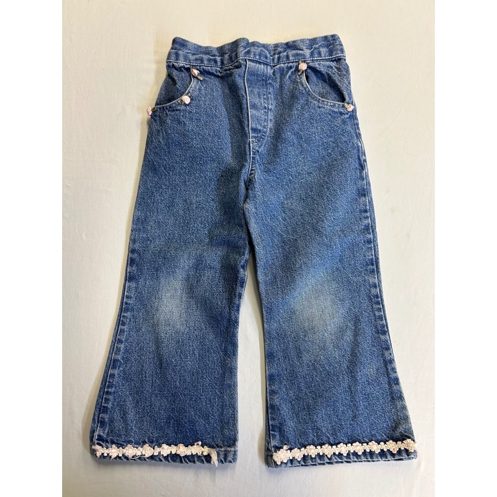 Vintage Sweet Innocence Girls Jeans 4T Blue Denim Lace Trim Floral